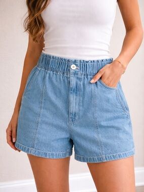 Madewell Light Wash Elastic Waist Denim Shorts High Rise Casual Relaxed Fit